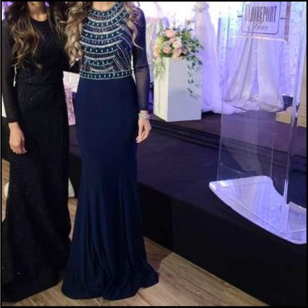 High Neck Stone Work Navy Blue Gown size 2-6